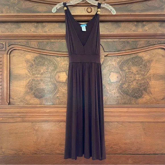 U-Knit Brown Stretchy Sleeveless V-neck Dress with Tie Waist - Picture 2 of 9